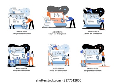 Medical device design and development metaphor with scientist develop research appliance, equipment and experiment. Laboratory diagnostic service chemistry clinic laboratories, pharmaceutical research