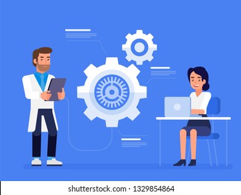 Medical device design and development. Science concept. Idea of education and innovation. Vector flat illustration