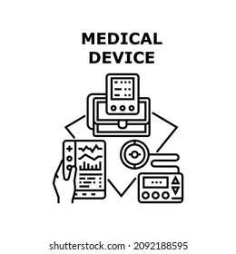 Equipo para dispositivos médicos. Médico de salud hospitalaria. Máquina cardíaca. Escáner clínico. Concepto de vector de diagnóstico radiológico ilustración negra