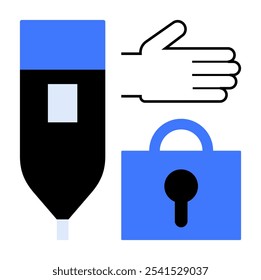 Medical device, hand gesture, and padlock indicate health technology and security. Ideal for medical safety, healthcare privacy, data protection, secure medical communication, healthcare access