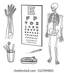 Medical device icon set. Dentist office tools. Eye Chart Test. Assessment of visual acuity. Human skeleton. Syringe, injection, vaccine line icon in flat style. Health vector line illustration 