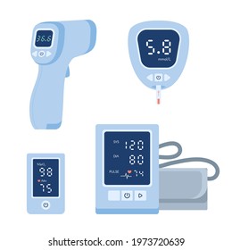 Medical Device Icon Set. Tonometer, Glucometer Blood Glucose Meter, Pulse Oximeter, Thermometer. Vector Illustration Collection Isolated White Background. Health Care Equipment