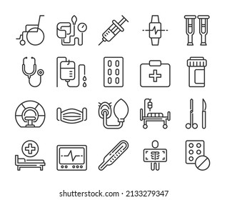 Medical device icons. Medical equipment line icon set. Editable Stroke.