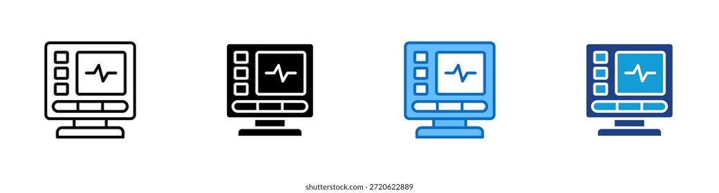 Vector de diseño de íconos de estilo múltiple de dispositivos médicos: monitor de computadora que muestra una forma de onda de frecuencia cardíaca con panel de control, que representa la tecnología de monitoreo digital del paciente y medición vital