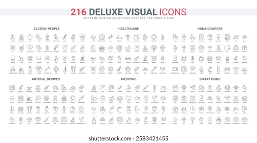 Medical device and surgery, laboratory equipment, healthcare, smart home line icon set. Elderly, communication and gadgets for grandma and grandpa thin black and red outline symbol vector illustration