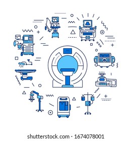 Medical Device Web Banner. MRI, Anesthesia Machine, Syringe Pump, Dropper. Infographics With Linear Icons On White Background. Creative Idea Concept. Isolated Outline Color Illustration