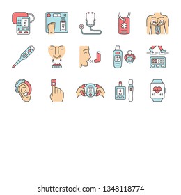 Medical Devices Color Icons Set. Stethoscope, Medical Alert ID, Inhaler, Oximeter, Digital Thermometer, Pedometer, Blood Sugar Monitor, Hearing Amplifier, Smart Scales. Isolated Vector Illustrations