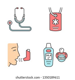 Medical Devices Color Icons Set. Stethoscope, Medical Alert ID Necklace, Inhaler, Baby Digital Thermometer. Heart Rate, Temperature Monitor, Breathing Trainer, ID Tag. Isolated Vector Illustrations