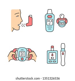 Medical Devices Color Icons Set. Inhaler, Baby Digital Thermometer, Body Fat Monitor, Blood Sugar Test. Breathing Trainer. Temperature, Fat Loss Monitor. Glucometer. Isolated Vector Illustrations