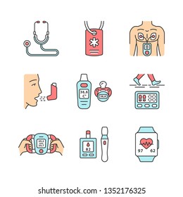 Medical Devices Color Icons Set. Stethoscope, Medical Alert ID Necklace, Inhaler, Muscle Stimulator, Heart Rate, Blood Sugar Monitor, Pedometer, Baby Thermometer. Isolated Vector Illustrations