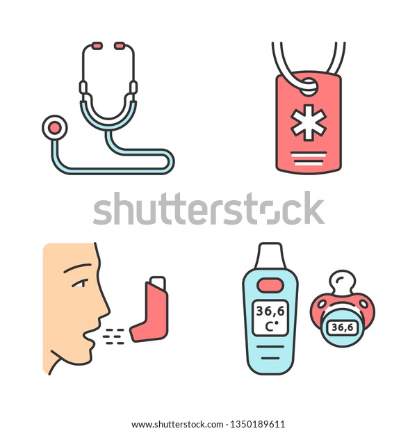 Medical devices color icons set.\
Stethoscope, medical alert ID necklace, inhaler, baby digital\
thermometer. Heart rate, temperature monitor, breathing trainer, ID\
tag. Isolated vector\
illustrations