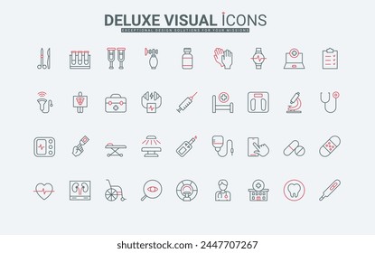 Medical devices and diagnostic hospital equipment, surgical and doctors instruments line icons set. Oximeter and thermometer, ultrasound scanner thin black and red symbols vector illustration