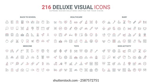 Medical devices and doctor examination, education and study at school, toys line icon set. Care for child and family health, drug therapy, mindset thin black and red outline symbol vector illustration