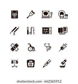 Medical devices and equipment vector icons. Medical tomograph and mrt, ultrasound equipment illustration