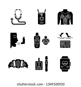 Medical Devices Glyph Icons Set. Stethoscope, Medical Alert ID, Inhaler, Muscle Stimulator, Glucometer, Pedometer, Baby Thermometer, Fitness Tracker. Silhouette Symbols. Vector Isolated Illustration