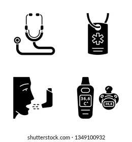 Medical Devices Glyph Icons Set. Stethoscope, Medical Alert ID Necklace, Inhaler, Baby Digital Thermometer. Heart Rate, Temperature Monitor, ID Tag. Silhouette Symbols. Vector Isolated Illustration