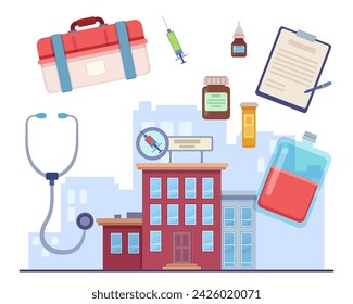 Dispositivos e instrumentos médicos ilustración vectorial. Edificio del hospital, botiquín de primeros auxilios, jeringas, estetoscopio, frascos con pastillas, bolsa con sangre de donante para transfusión. Medicina, concepto de salud