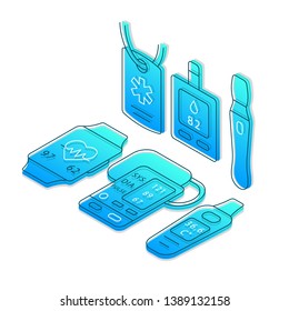 Medical devices isometric vector illustration. Healthcare, hospital, clinic equipment linear icons infographic.  Diagnostics, health monitoring tools 3d concept. Gradient isolated design elements