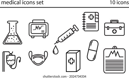 Medical Devices Line 10 Icons Set Vector