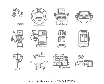 Medical devices line black icons set. MRI, anesthesia machine, syringe pump, dropper, defibrillator, Signs for web page, mobile app. Vector isolated elements. Editable stroke.