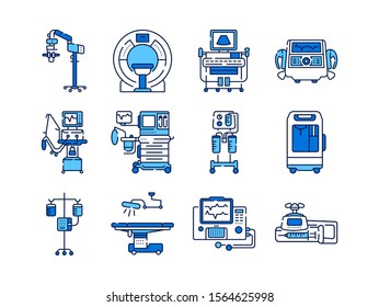 Medical devices line color icons set. MRI, anesthesia machine, syringe pump, dropper, defibrillator, Signs for web page, mobile app. Vector isolated elements. Editable stroke.