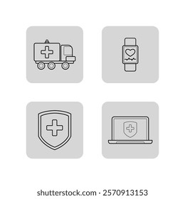 Medical devices line icon set. Smartwatch checking heart rate, ambulance, shield with cross, laptop with medical shield. Medicine and modern technology concept. Vector illustrations for web design