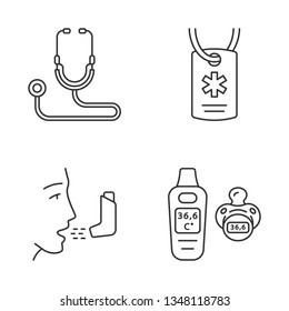 Medical Devices Linear Icons Set. Stethoscope, Medical Alert ID Necklace, Inhaler, Baby Thermometer. Health Monitor. Thin Line Contour Symbols. Isolated Vector Outline Illustrations. Editable Stroke