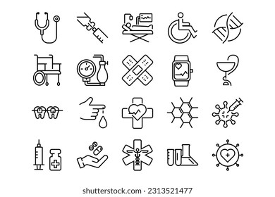 Conjunto de iconos de líneas de dispositivos médicos. Dispositivos médicos géneros y atributos. Diseño lineal. Líneas con trazo editable. Iconos vectoriales aislados.