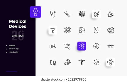 Medical devices lines icon set. Medical devices genres and attributes. Linear design. Lines with editable stroke. Isolated vector icons.