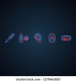 Medical Devices Neon Light Icons Set. Axillary Digital, Pacifier Thermometer, Fitness Tracker, Hearing Aid Amplifier, Medical Alert ID Bracelet. Glowing Signs. Vector Isolated Illustrations