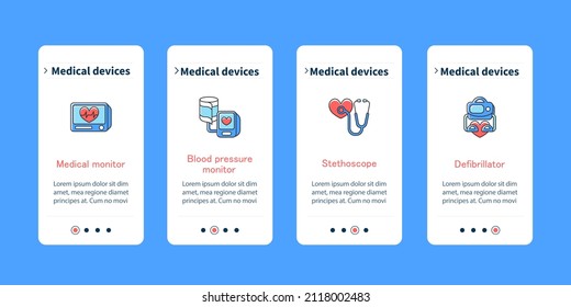 Medical Devices Onboarding Mobile App Screens. Treatment Steps Menu. Medical And Blood Pressure Monitor, Stethoscope, Defibrillator. Set Of UI, UX, Web Template With RGB Color Linear Icons