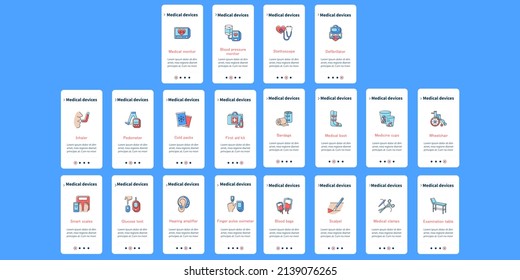 Dispositivos médicos a bordo de pantallas de aplicaciones móviles. Menú de pasos de tratamiento. Kit de primeros auxilios de emergencia. Concepto de estado.Conjunto de UI, UX, plantilla web con iconos lineales de color RGB