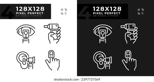 Dispositivos médicos píxeles iconos lineales perfectos para el modo oscuro y claro. Tecnología de salud. Centro de diagnóstico. Símbolos delgados para la noche, tema del día. Ilustraciones aisladas. Trazo editable
