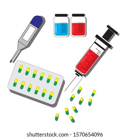 Medical devices, syringes, medicine bottles, medicine panels, thermometer, white background.vector cartoon flat.