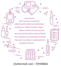 Medical devices, tools and drugs arranged in a circle. Health and treatment.