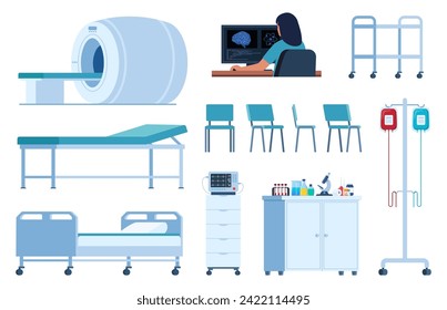 Medical devices for the treatment and diagnosis of people. Hospital furniture elements. Medical equipment for examining human health. Vector illustration