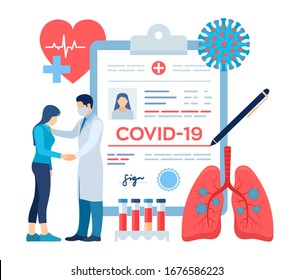 Medical diagnosis - Coronavirus 2019-nCov. Medical concept of COVID-19. Doctor taking care of patient. Coronavirus symptoms. Lungs infection. Dangerous corona virus pandemic risk. Vector illustration.