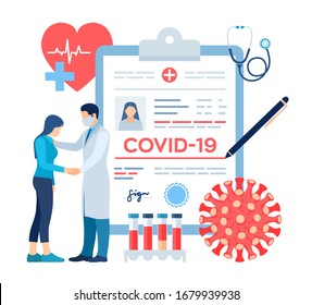 Medical diagnosis - Coronavirus 2019-nCov. Medical concept of COVID-19. Doctor taking care of patient. Coronavirus symptoms. Lungs infection. Dangerous corona virus pandemic risk. Vector illustration.