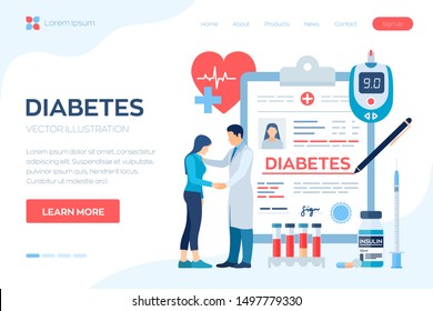 Medical diagnosis - Diabetes. Diabetes mellitus type 2 and insulin production concept. Doctor taking care of patient. Blood glucose meter, pills, syringe and insulin vial. Vector illustration.