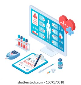 Medical diagnosis - Diabetes. Diabetes mellitus type 2 and insulin production. Blood glucose meter, pills, syringe and insulin vial. Medical full body screening software on screen. Vector illustration