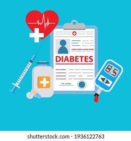 Medical diagnosis - Diabetes. Diabetes mellitus type 2 and insulin production concept. Blood glucose meter, pills, syringe, and insulin vial on blue background. Vector illustration.