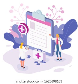 Medical diagnosis. Doctor consultation.Vector illustration concept of Healthcare insurance. Doctor fill health form insurance. Vector illustration.