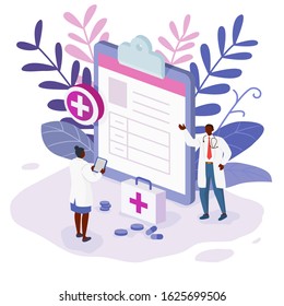 Medical diagnosis. Doctor consultation.Vector illustration concept of Healthcare insurance. Doctor fill health form insurance. Vector illustration.