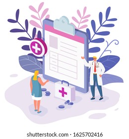Medical diagnosis. Doctor taking care of patient.Vector illustration concept of Healthcare insurance. People and doctor fill health form insurance. Vector illustration.