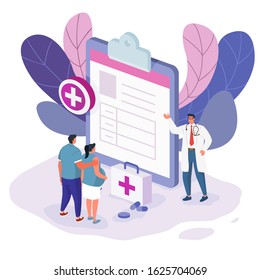 Medical diagnosis. Doctor taking care of patient.Vector illustration concept of Healthcare insurance. People and doctor fill health form insurance. Vector illustration.