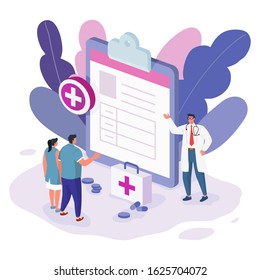 Medical diagnosis. Doctor taking care of patient.Vector illustration concept of Healthcare insurance. People and doctor fill health form insurance. Vector illustration.