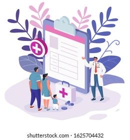Medical diagnosis. Doctor taking care of patient.Vector illustration concept of Healthcare insurance. People and doctor fill health form insurance. Vector illustration.