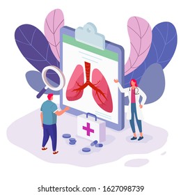 Medical Diagnosis. Doctor Taking Care Of Patient.Vector Illustration Concept Of Healthcare.Health Education With Lungs. Vector Illustration.