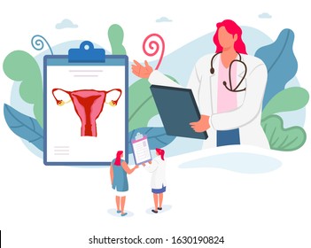 Medical diagnosis. Doctor taking care of patient.Vector illustration concept of healthcare.Health education with uterus. Vector illustration.