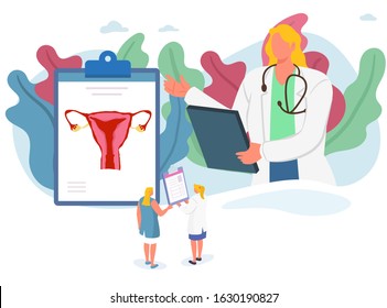 Medical diagnosis. Doctor taking care of patient.Vector illustration concept of healthcare.Health education with uterus. Vector illustration.